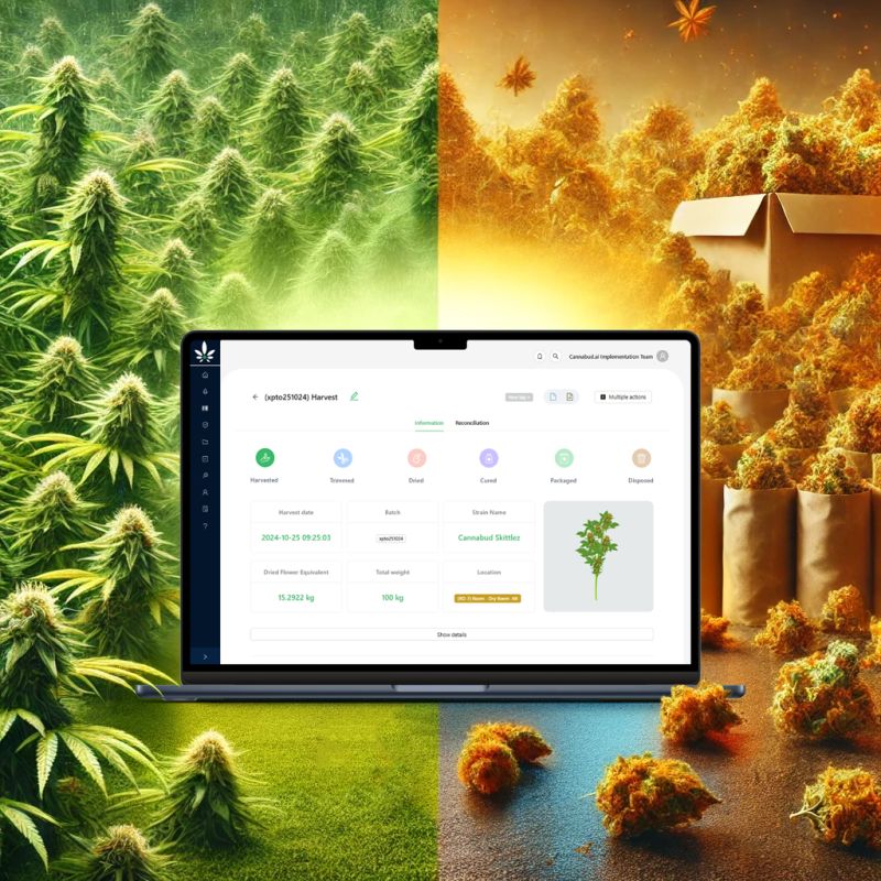 Cannabud.ai - Cananbis Dry flower equivelent. Laptop with cannabud post-harvest page with fresh flower on the left and dry flower on the right.