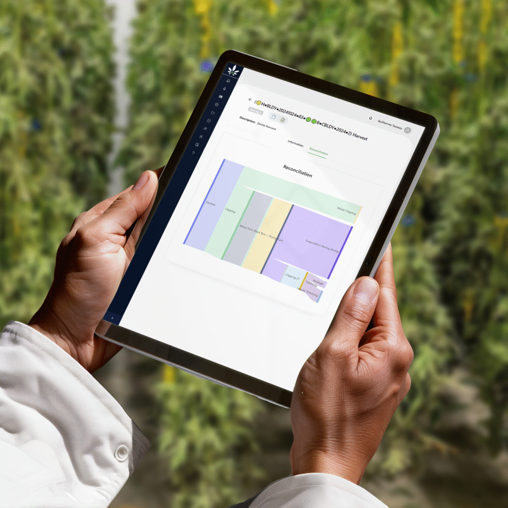 Cannabud.ai post-harvest reconciliation chart. A waterfall chart where every gram lost is tracked.