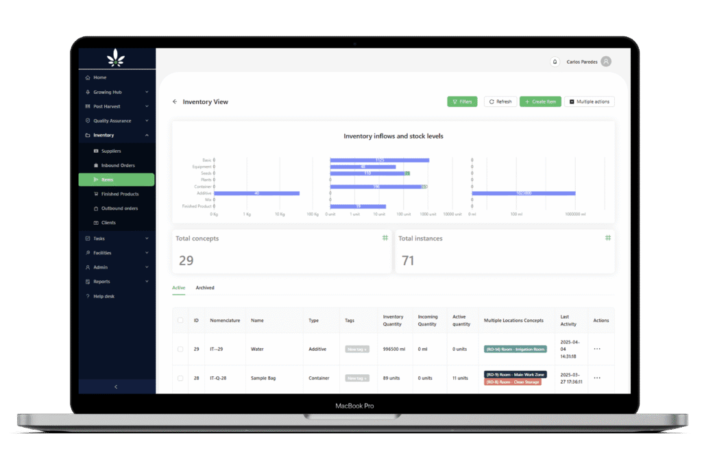 Cannabud.ai Inventory Module opened on a Mac laptop.