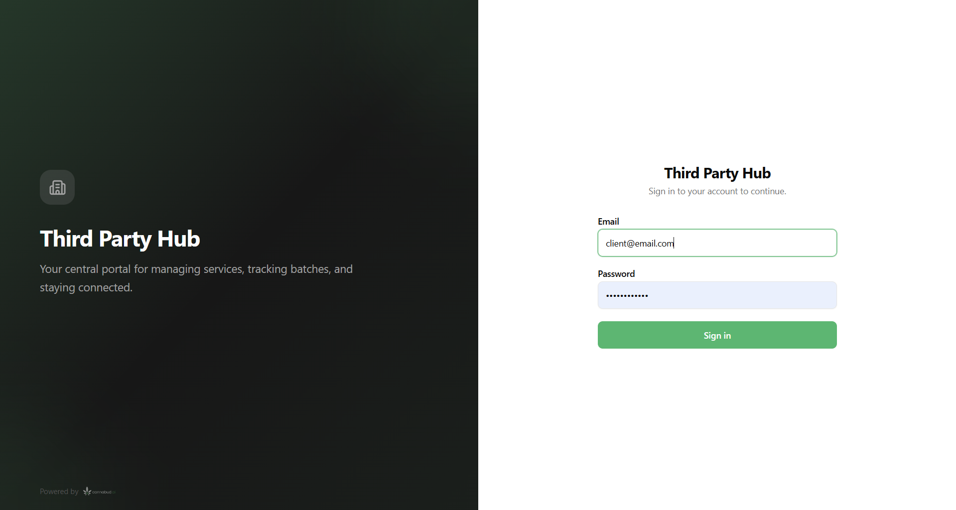 Cannabud.ai Third Party Hub client portal sign-in screen