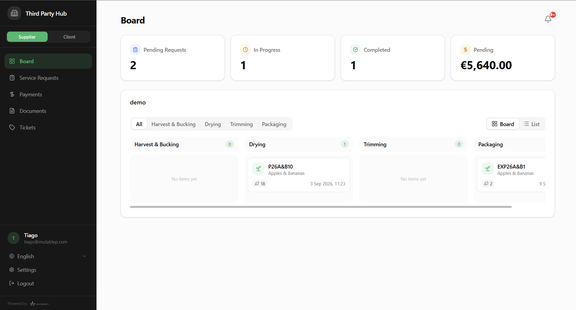 Cannabud.ai Third Party Hub board with pending requests, payments due and client batches by processing stage