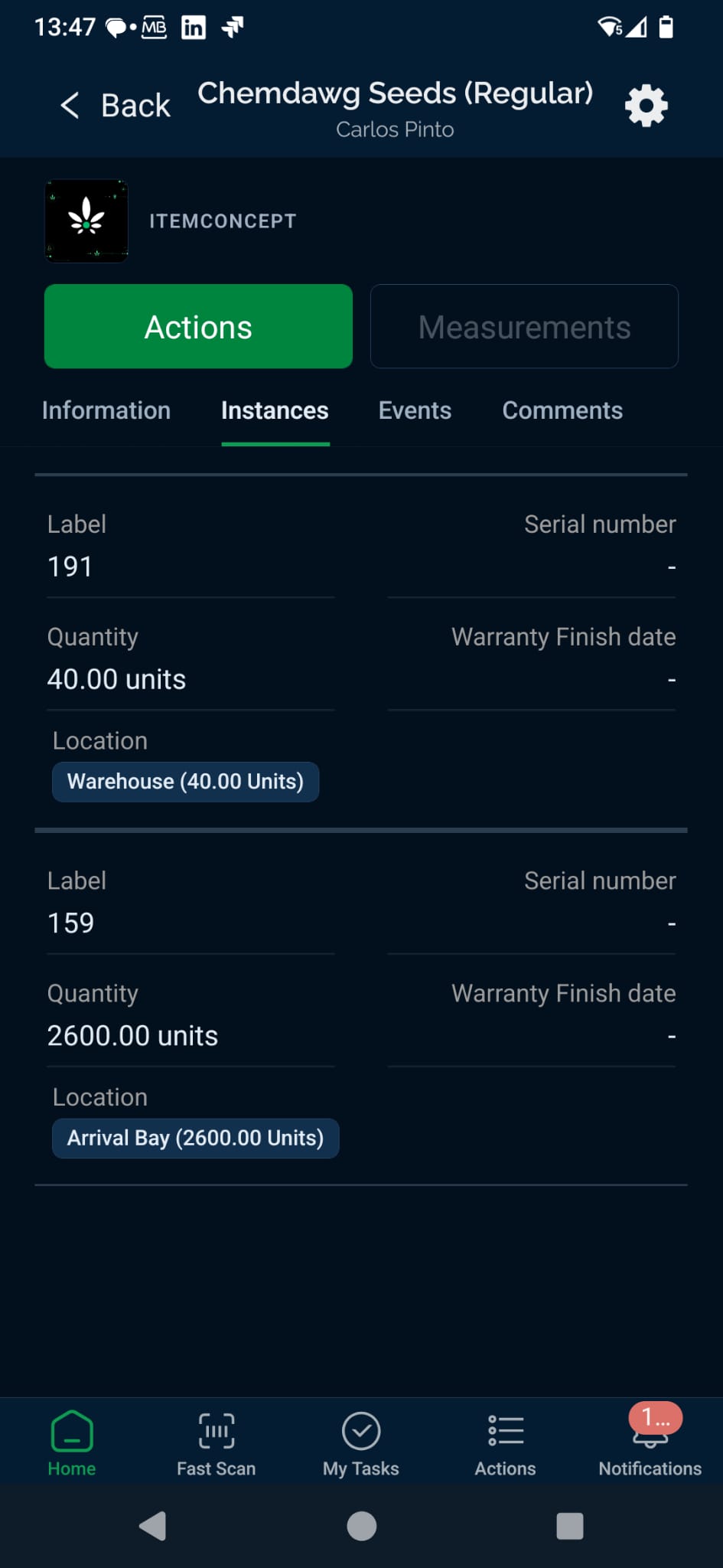 Cannabud.ai mobile app seed lot screen with quantities and storage locations