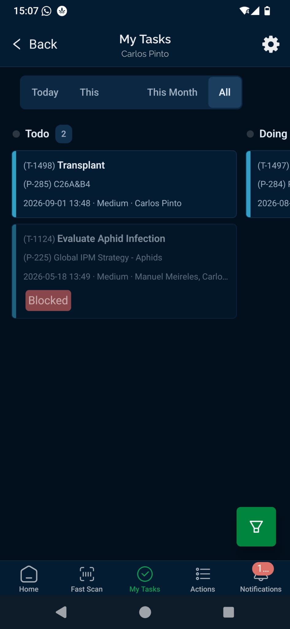 Cannabud.ai mobile app My Tasks screen listing to-do tasks for a batch