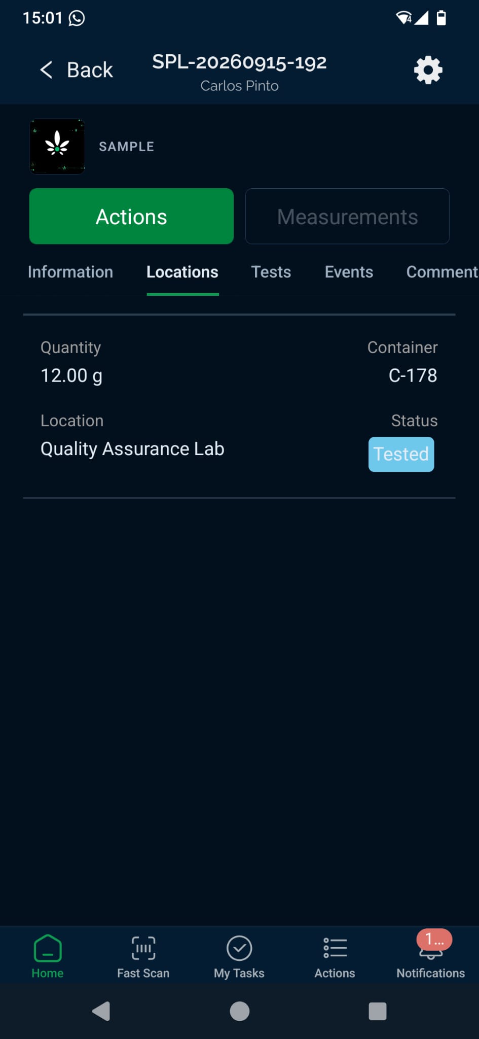 Cannabud.ai mobile app sample screen with quantity, container and quality lab location
