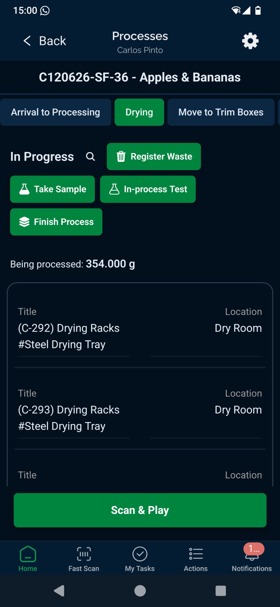 Cannabud.ai mobile app drying step with register waste, take sample and in-process test actions