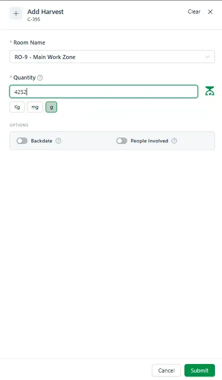 Cannabud.ai add harvest panel with room, quantity and scale capture for a harvest container